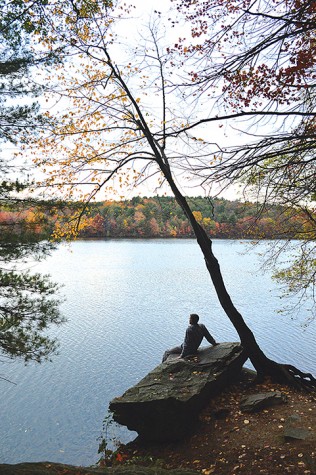 Tyler Bartron views the beautiful fall foliage while sitting on a rock overlooking the lake just off one of the trails.