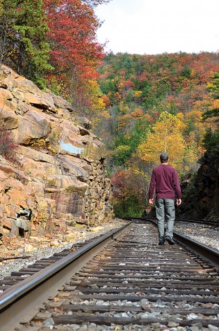 Tyler Bartron checks out the train tracks off of the Glen Onoko Falls Trail.