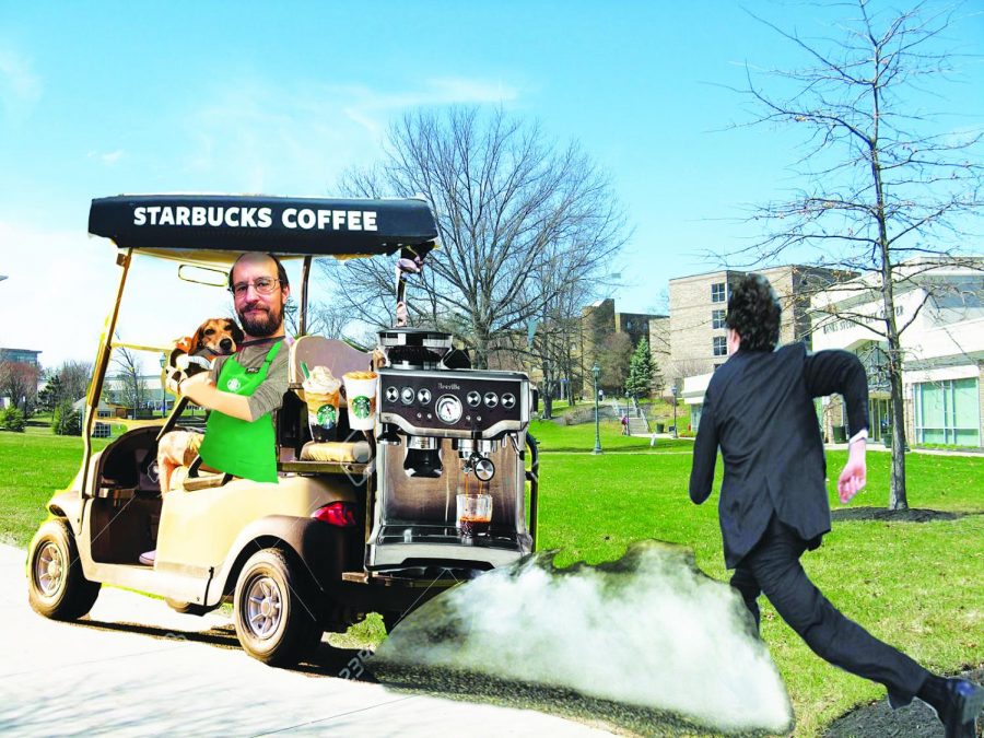 A student chases down Dr. Patrick Hamilton, professor of English and part-time Starbucks employee, trying to get a cup of coffee before morning class. 