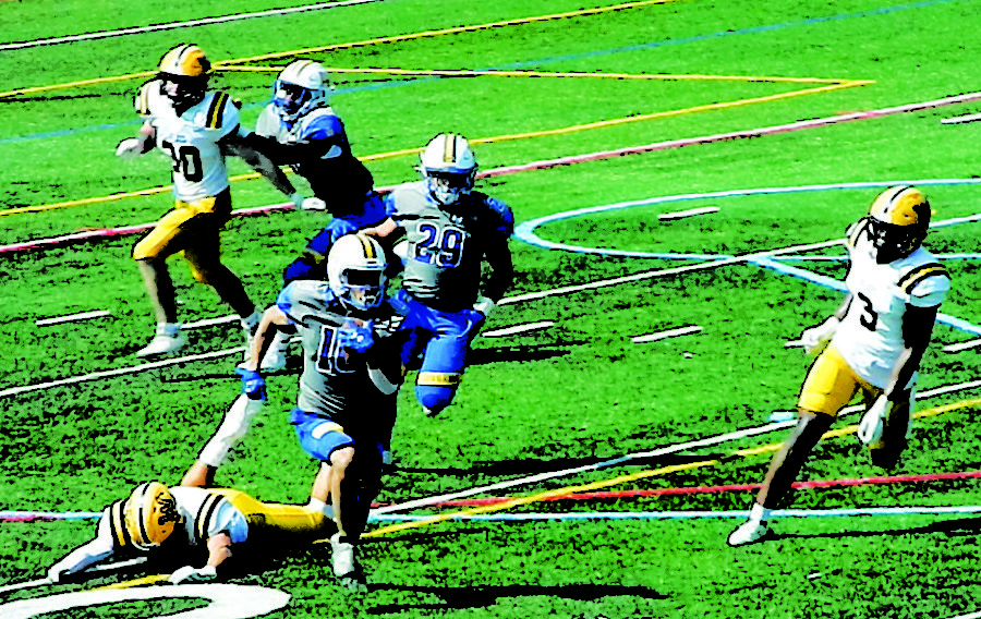 Senior quarterback Mitchell Micale (#17) returns a punt during Saturdays home game. Misericordia lost with a final score of 15-35.