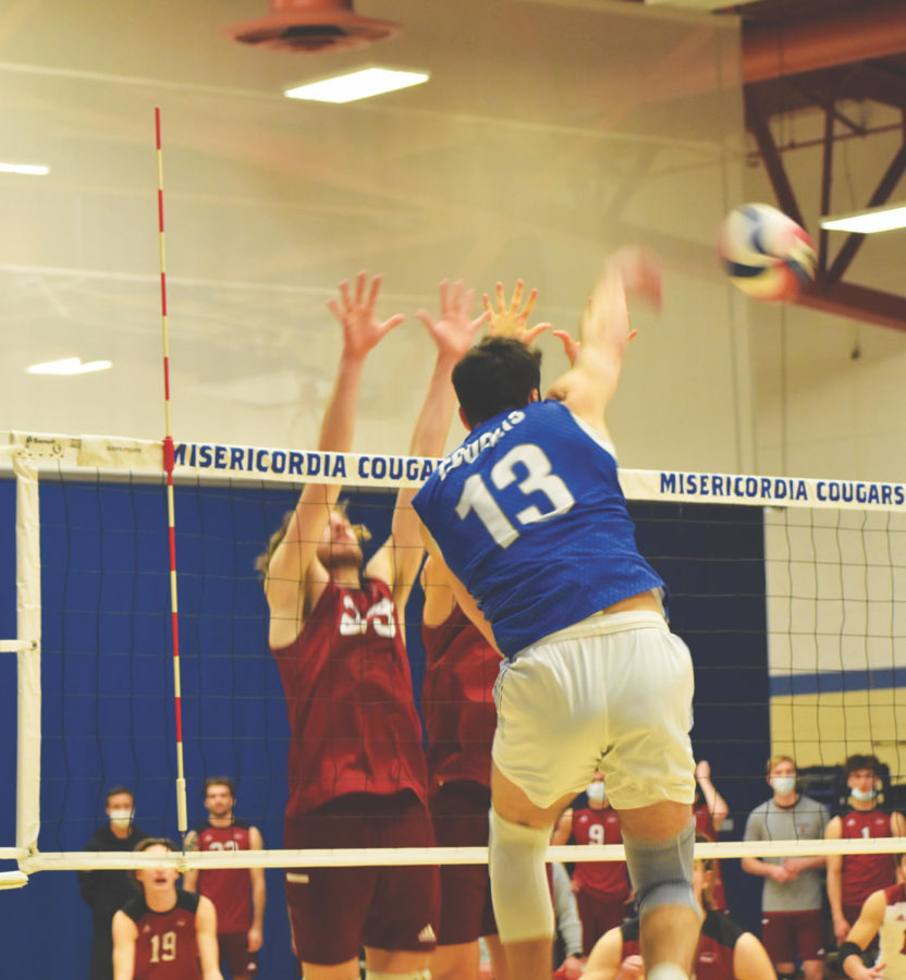 Anthony DePalma,
sophomore pin hitter, sends the ball flying over the net, scoring a
point for Misericorida. 