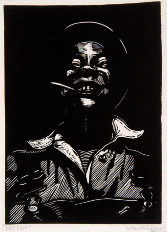  A linoleum cut print created by William E. Smith titled Pay Day. Smith used linoleum prints to highlight the conditions of Black Americans during the Great Depression.