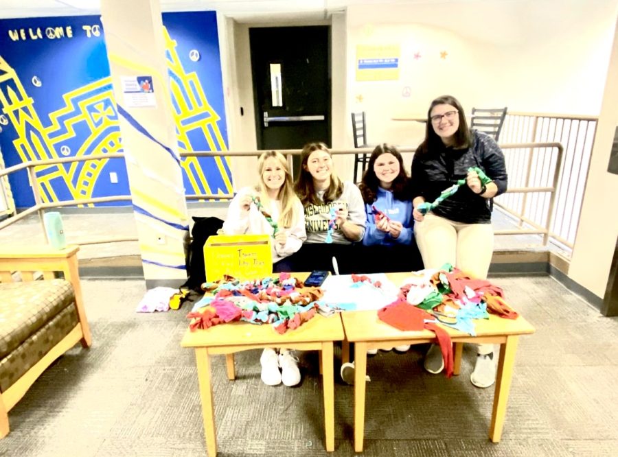 CAs Rachel Mills, Bella Davis, Michaela Raub and Mackenzie Wilcox pose with the dog toys they made from used t-shirts.