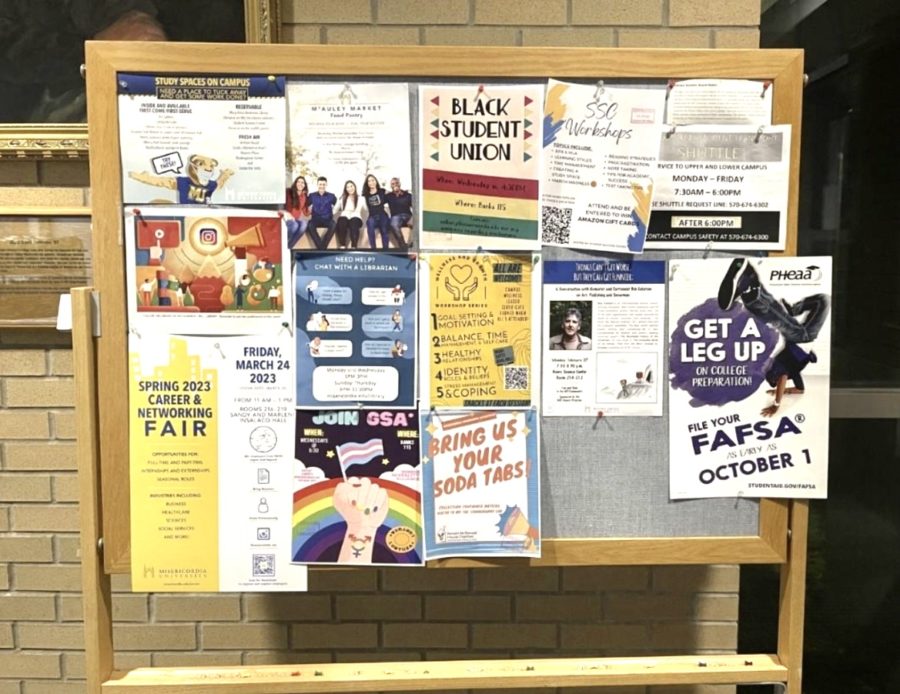 A bulletin board that contains information about clubs and events
on Misericordia’s campus