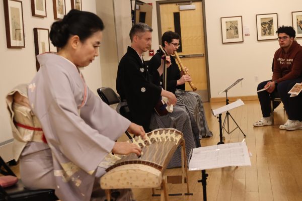 From left: Masayo Ishigure, Kenneth Hutchinson, and Travis Shaver perform on their respective traditional Japanese instruments on Thursday, February 15, 2024, in the Pauly Friedman Art Gallery at the Floating Beauty exhibit. 