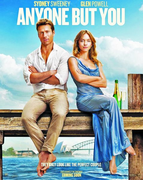 The official movie poster for the film, Anyone But You, with Sydney Sweeney and Glen Powell. 