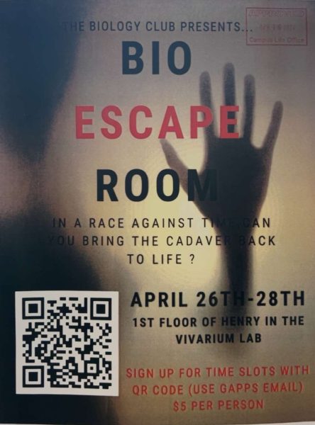 The Biology club will be hosting an escape room in the Vivarium Lab in Henry Science Center from April 26th to April 28th.
